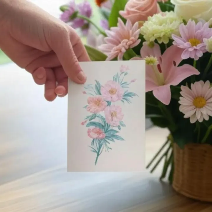 Virágmintás üdvözlőlap szívhez szóló ajándéküzenettel.