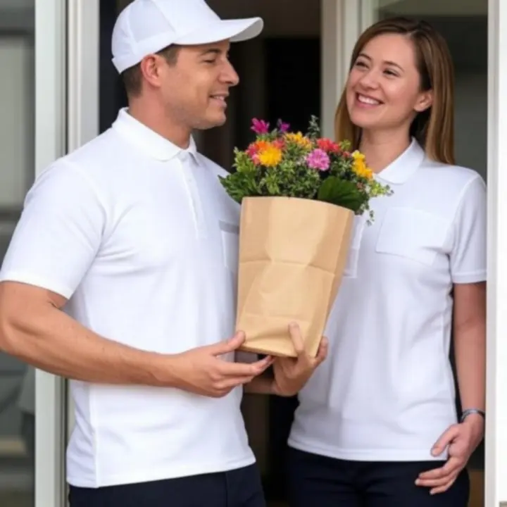 Virágfutár friss csokrokat szállít városi környezetben