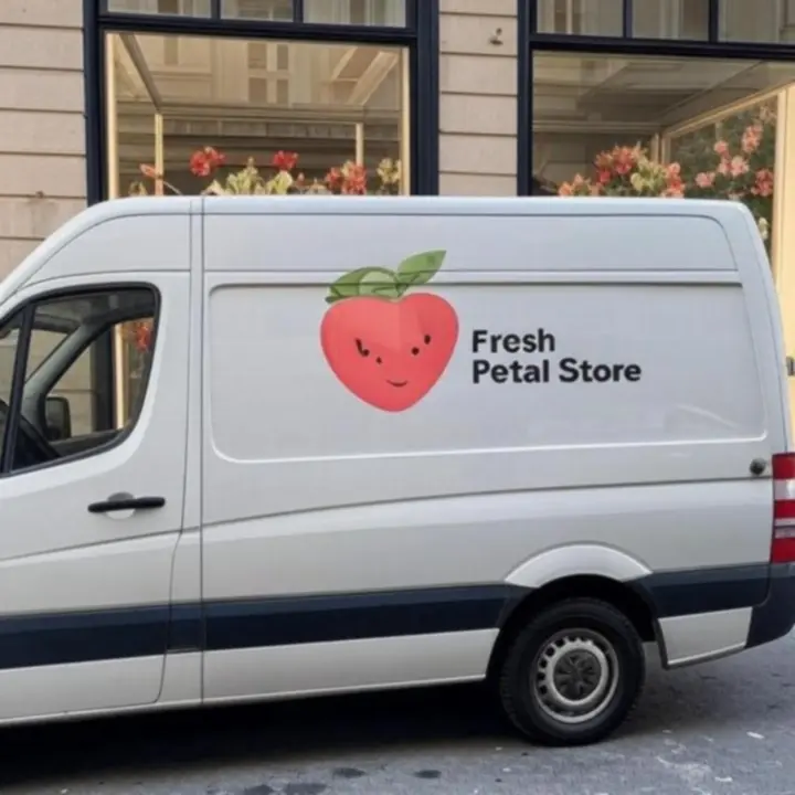 Fresh Petal Store logóval ellátott futár autó friss virágcsokrokkal