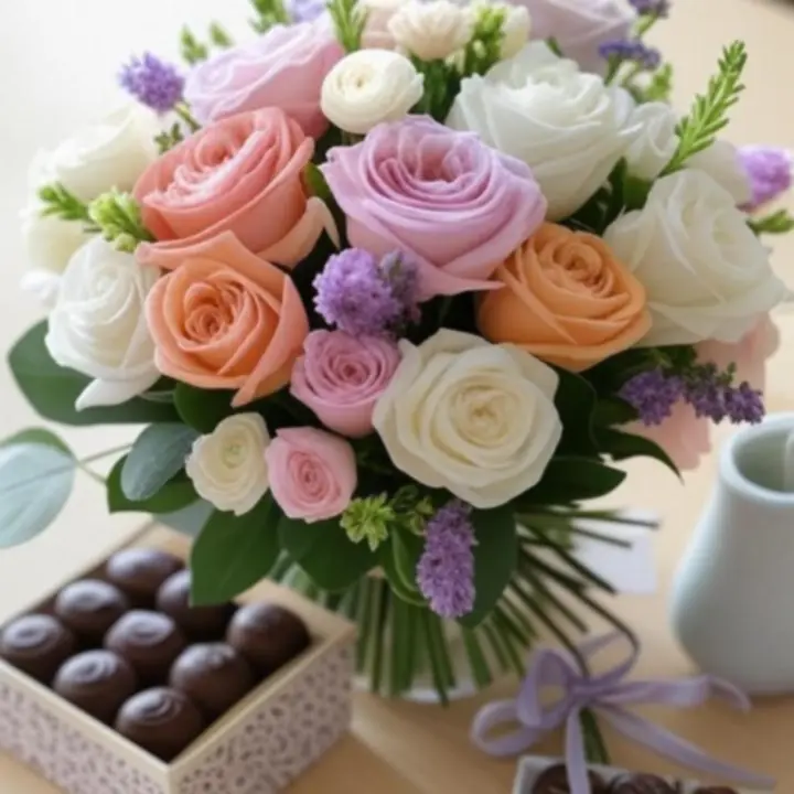 Elegáns ajándékdobozok és kézműves bonbonok virágok mellett