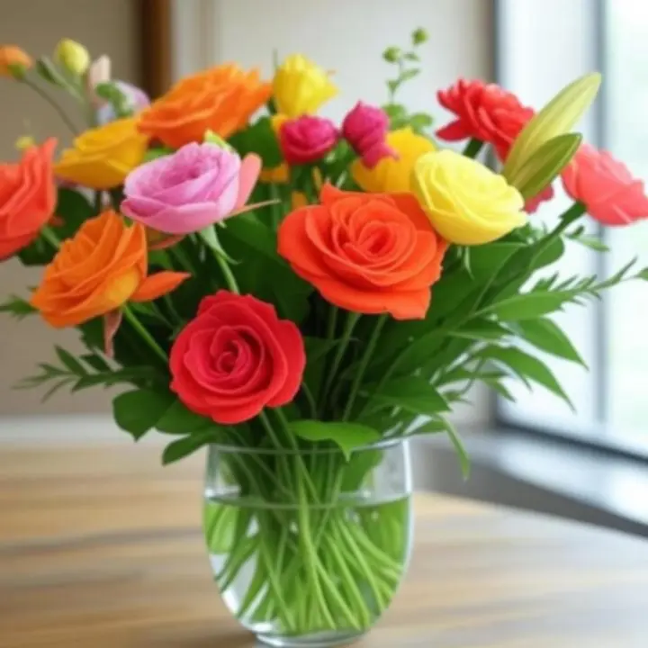 Modern, trendi virágcsokor pasztell és élénk színek harmonikus kombinációjával.