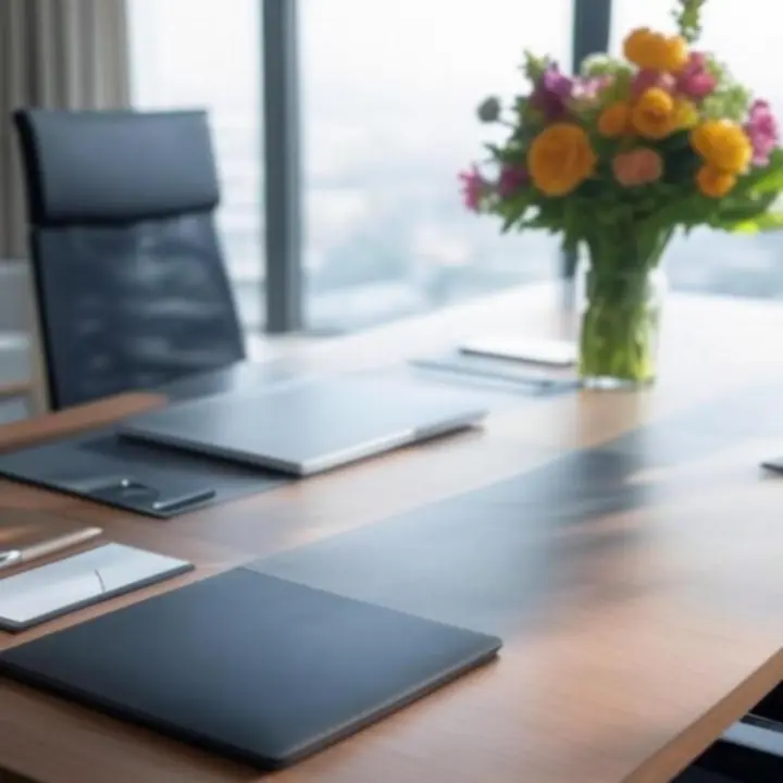 Világos, modern iroda elegáns virágdíszekkel az asztalokon.