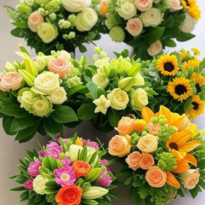 Válogatott népszerű virágcsokrok asztalra rendezve