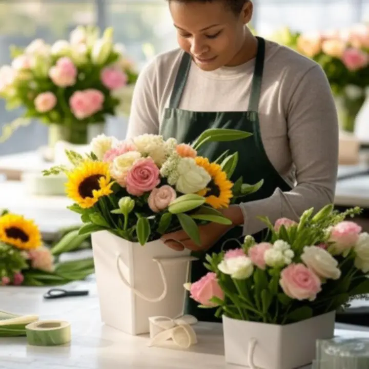 Biztonságos, gondos virágcsomagolás szállításhoz előkészítve