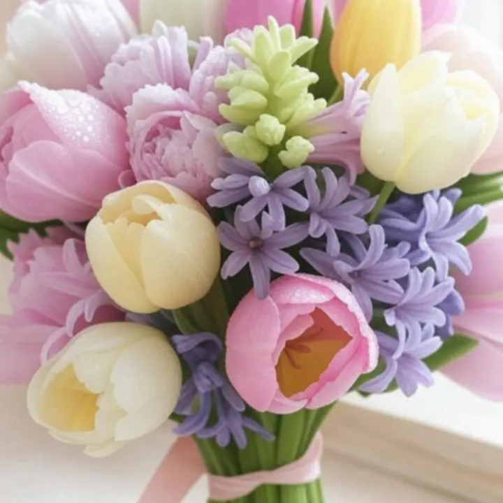 Pasztell árnyalatú tavaszi virágcsokor közelről