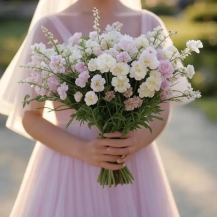 Elegáns esküvői menyasszonyi csokor és harmonizáló asztaldíszek.